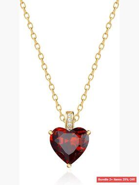 Garnet Birthstone Heart Necklace 16" with Extender Gold Finish